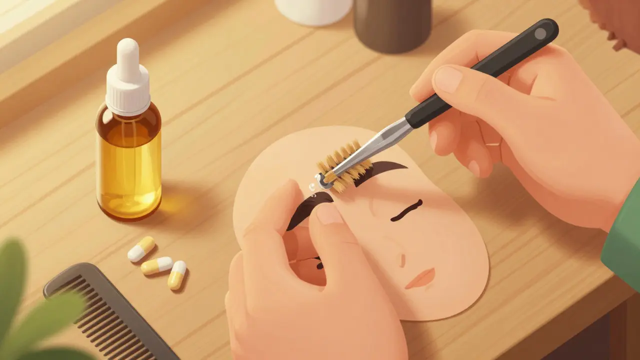 Руки наносят касторовое масло на брови с помощью щеточки, рядом витамины и расческа.