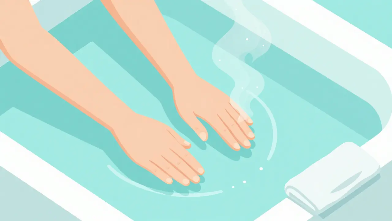 Руки в солевой ванночке с паром