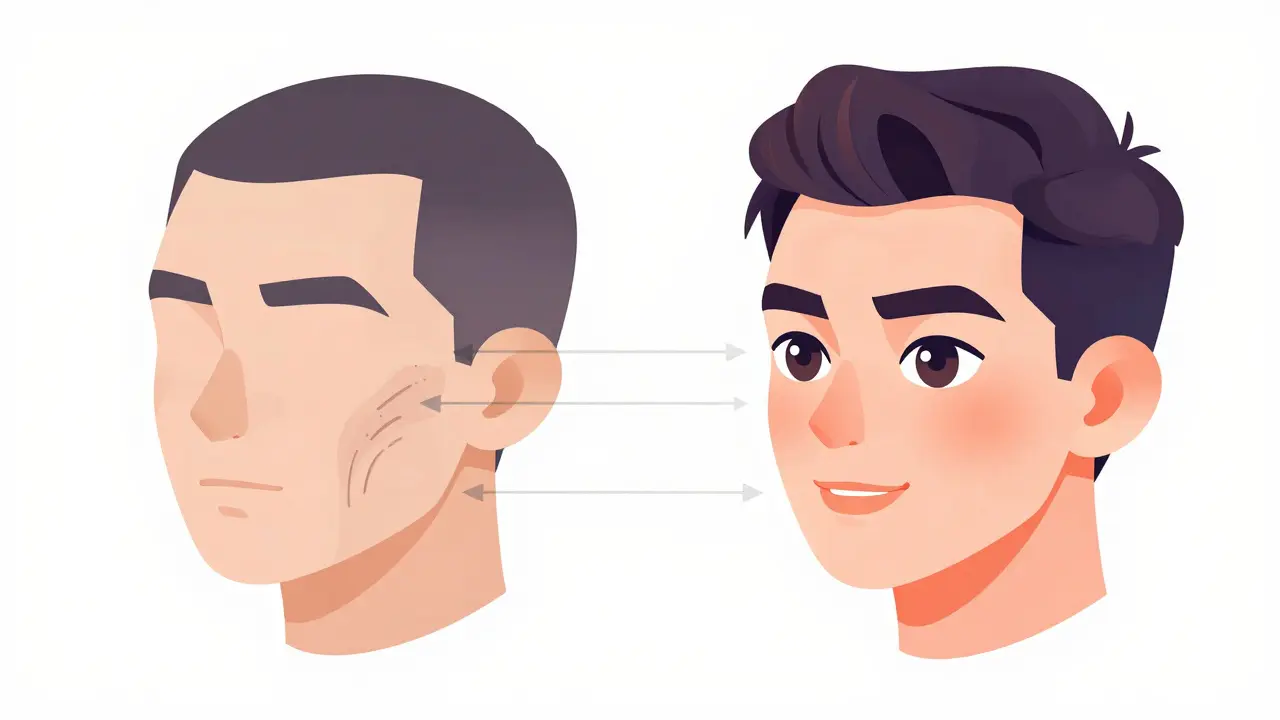 Сравнение до и после контурной пластики скул в изометрическом стиле.