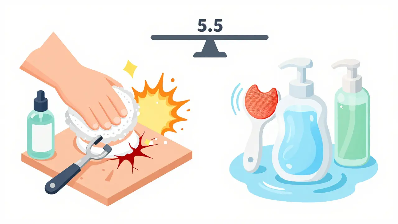 Сравнение вредного и безопасного очищения кожи: агрессивные методы слева и мягкие — справа, с акцентом на pH 5.5.