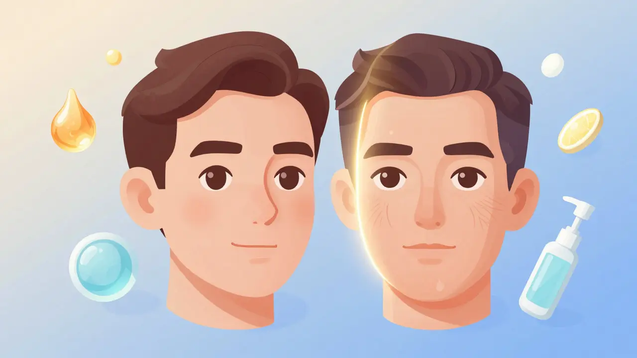 Старение кожи с 25 до 45 лет: переход от жирной к сухой текстуре в изометрической иллюстрации.