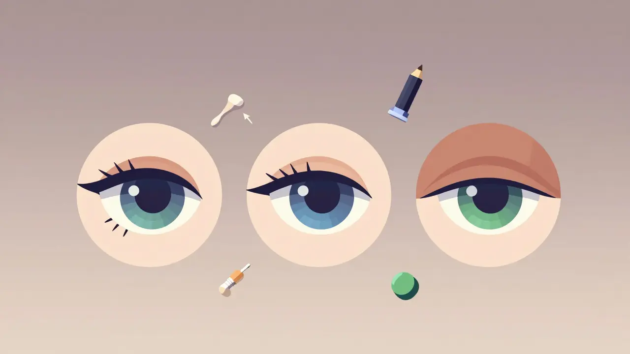 Три типа глаз с разными техниками подводки: круглый, миндалевидный и нависший, в изометрической перспективе.