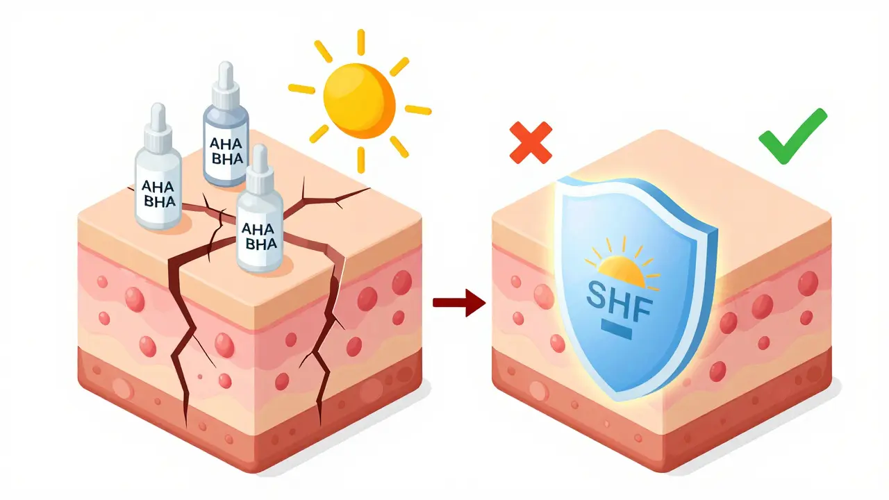 Уязвимая кожа без SPF под УФ-лучами и защищённая кожа с SPF-щитом, с иконками ретинола и витамина С.