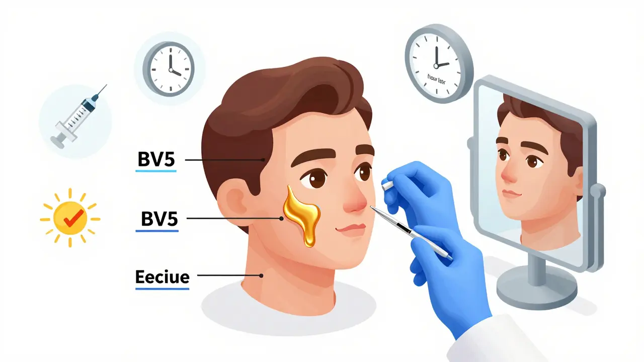 Врач вводит филлер в скуловую область по технике BV5, иллюстрация.