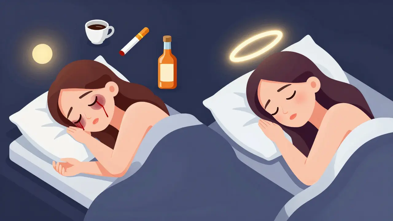 Женщина спит на боку с темными кругами под глазами, рядом — символы кофе, сигарет и алкоголя, противопоставленные здоровому сну.