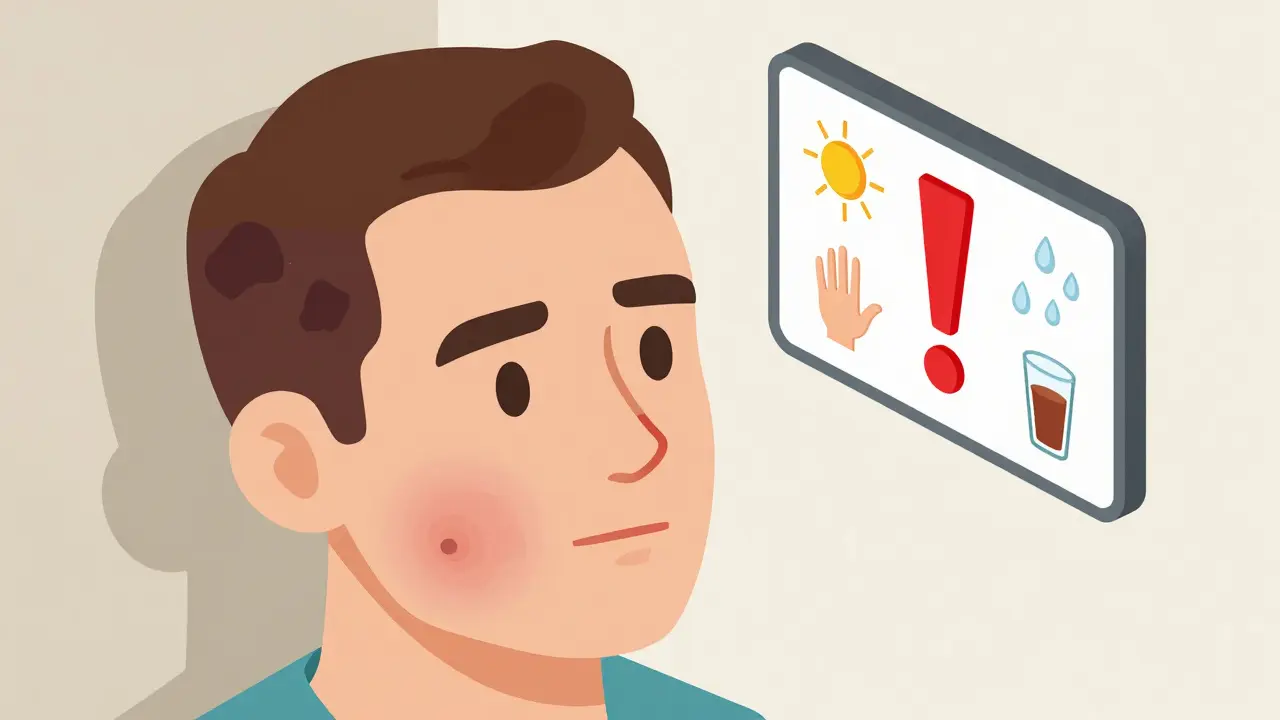 Асимметричное лицо с уплотнениями и пигментацией, над ним предупреждающие значки: солнце, грязные руки, алкоголь.