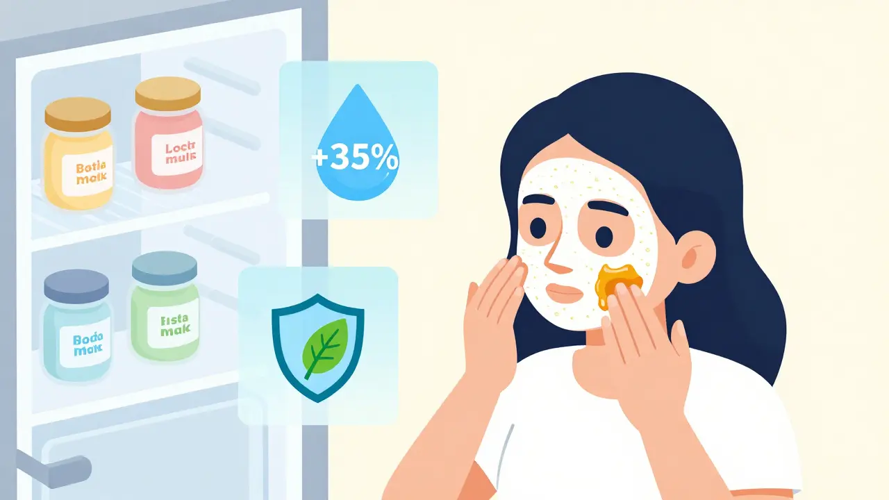 Человек наносит овсяно-мёдową маску, вокруг — иконки увлажнения и натуральных компонентов.