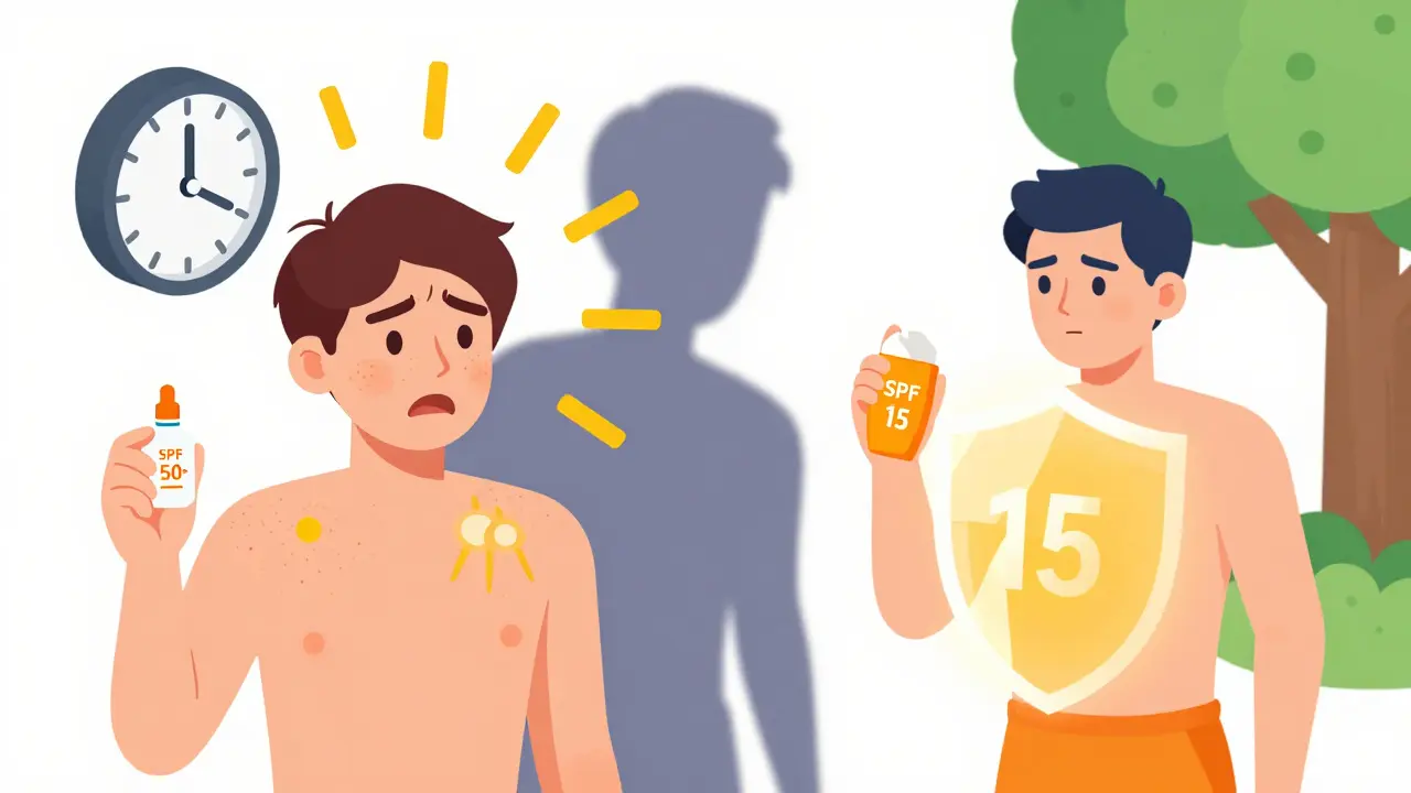 Человек с очень светлой кожей под угрозой ожога под солнцем, рядом с человеком с темной кожей, спокойно использующим солнцезащитный крем.