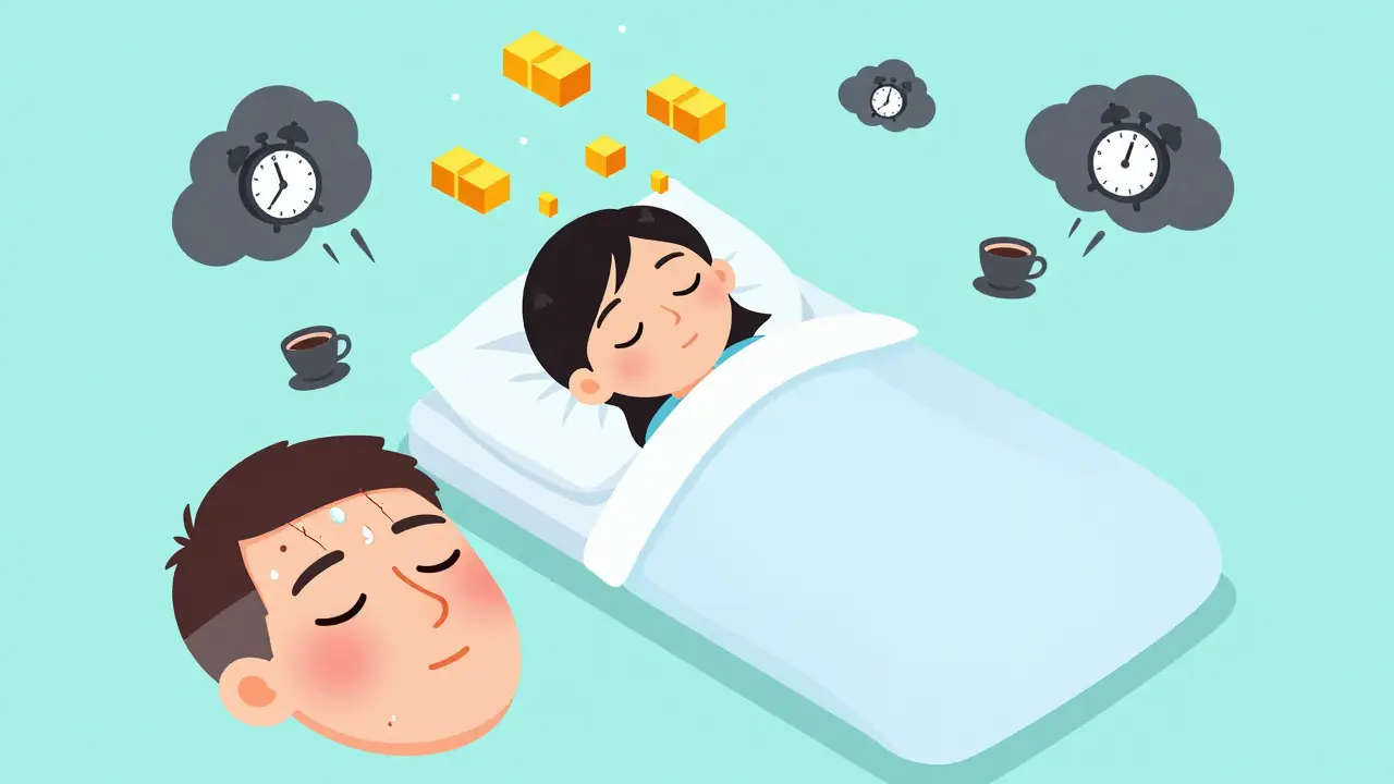 Человек спит, над головой — завод по производству липидов, стрессовые облака уходят, кожа заживает.