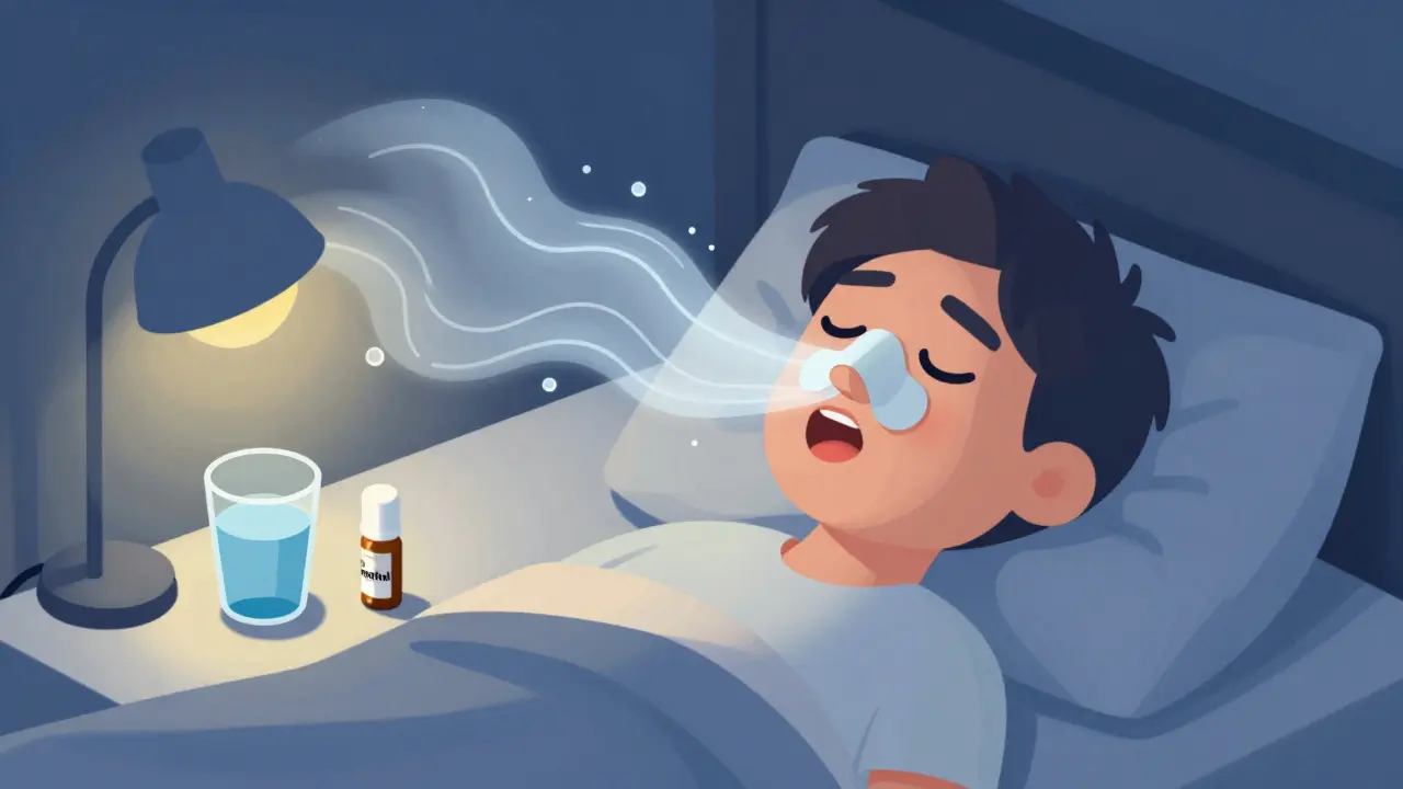 Человек спит с носовым пластырем, сухой воздух дует на губы в изометрической иллюстрации