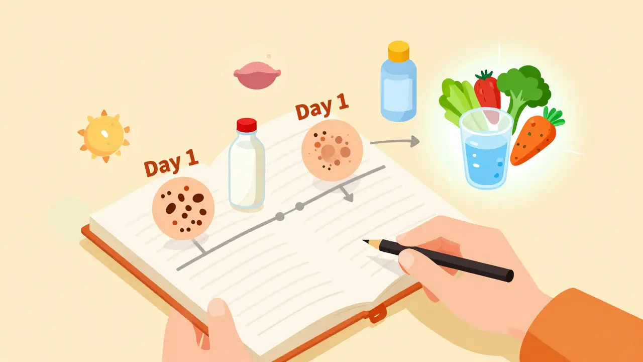 Человек ведет дневник питания: через 3 недели прыщи исчезают после отказа от молока и сахара, на фоне символов здорового питания.