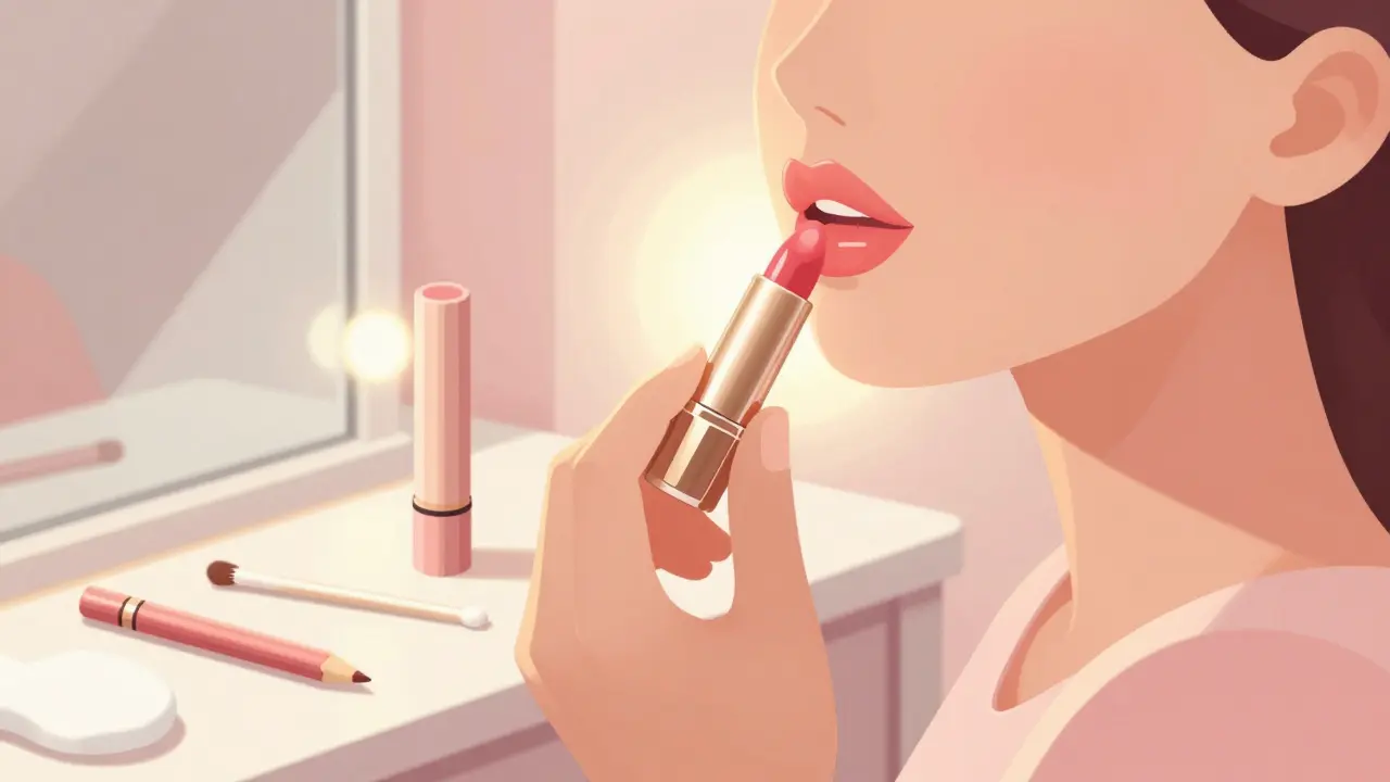 Глянцевый блеск нанесен только в центре губ, создавая эффект выпуклости при естественном свете.