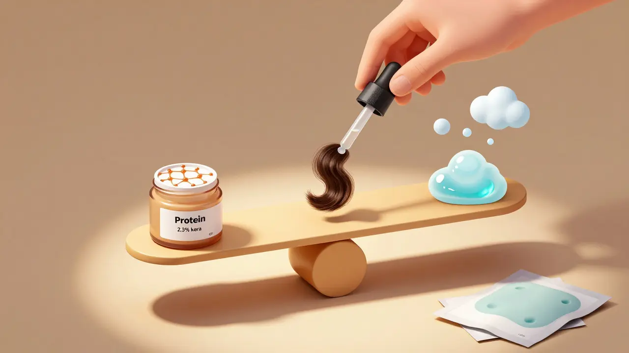 Иллюстрация весов для ухода за волосами, где протеин и увлажнение находятся в равновесии, а повреждённые средства лежат в стороне.