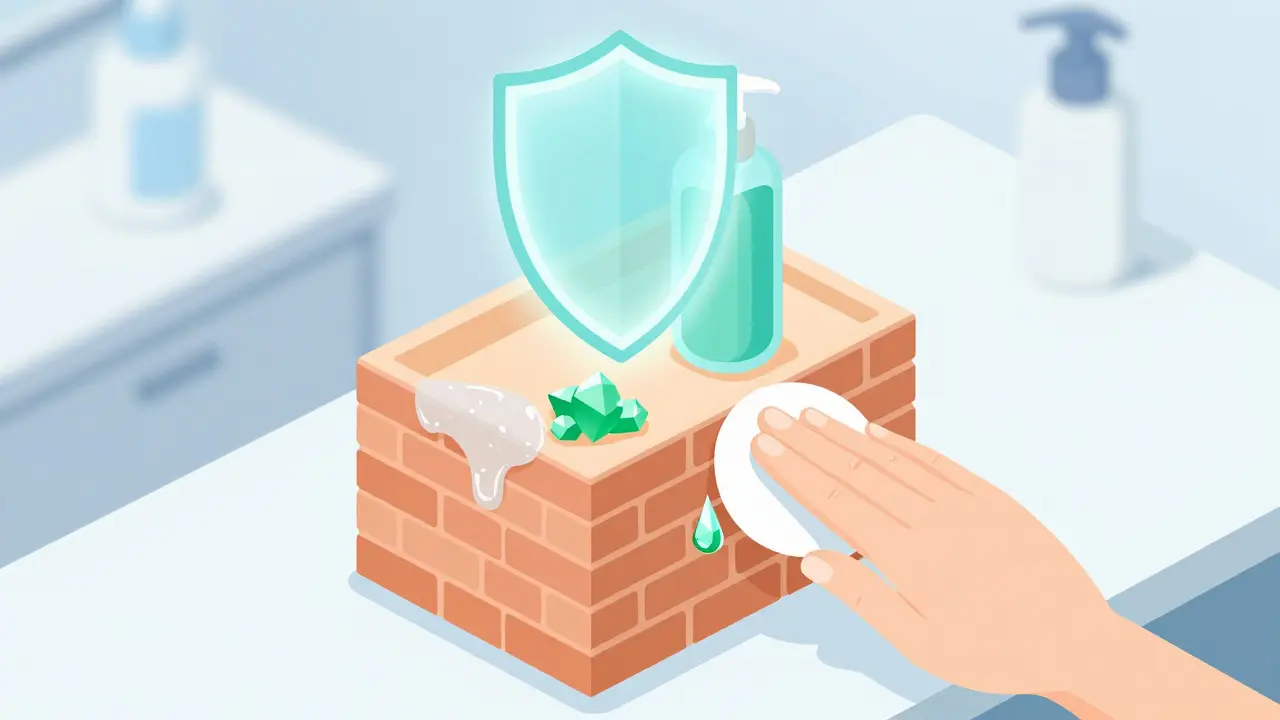 Иллюстрация защитного барьера кожи: остатки ПАВ слева, восстановленный барьер справа с пантенолом и гиалуроновой кислотой.