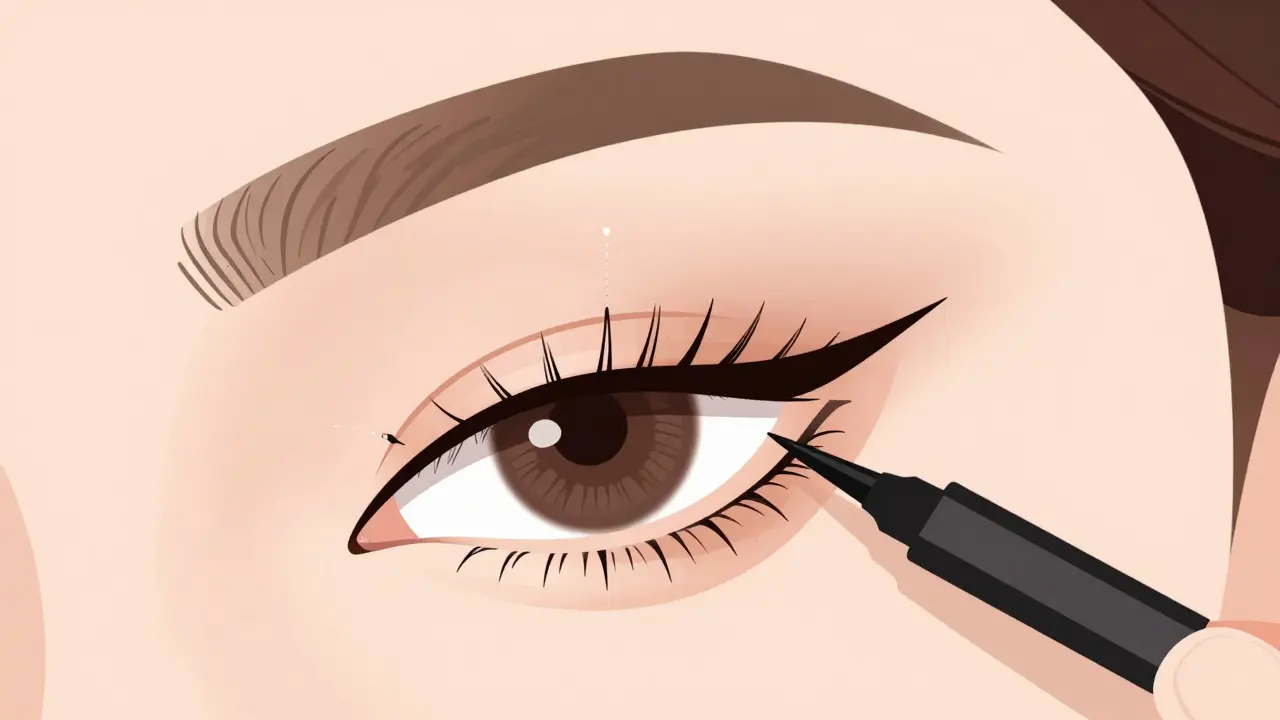 Изометрическая иллюстрация: глаз с идеальной стрелкой, рядом чайная ложка как трафарет, подводка ложится ровно по линии ресниц.