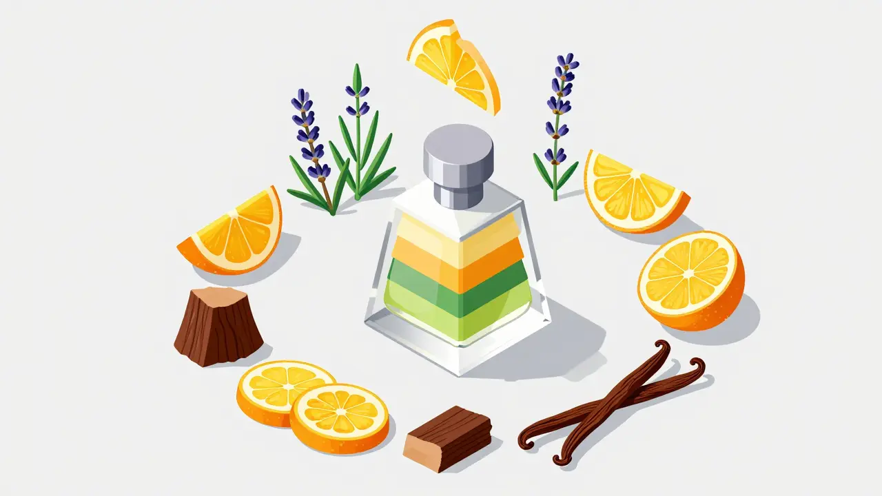 Изометрическая иллюстрация ингредиентов парфюма: цитрусы, дерево, специи.