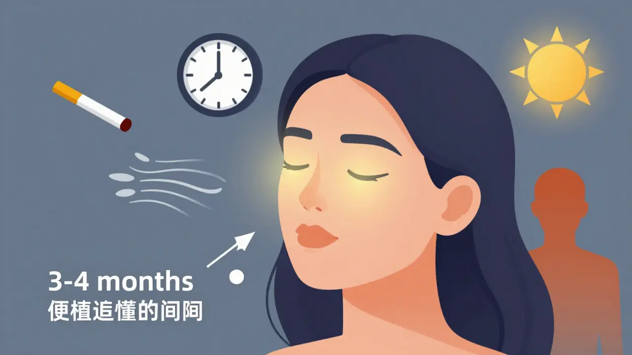 Изометрическая иллюстрация: лицо с поддержкой после курса, окруженное факторами образа жизни и меткой 3-4 месяца.