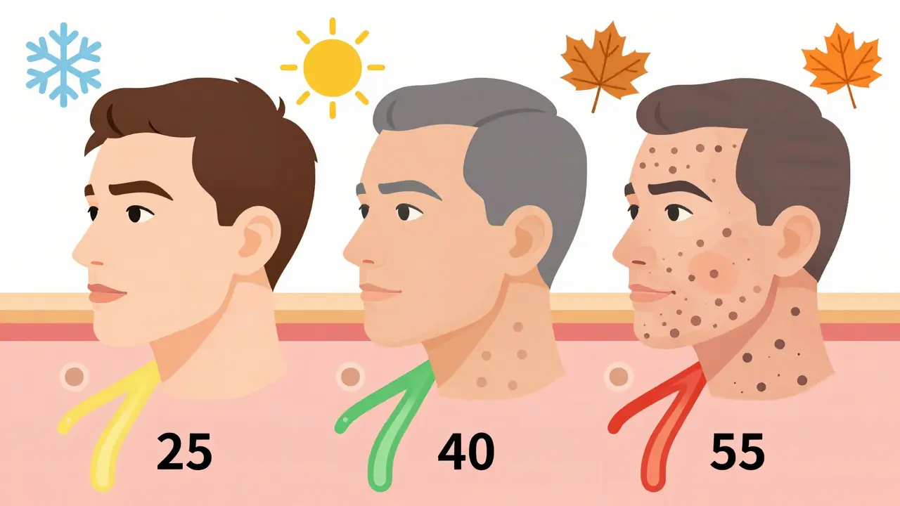 Изометрическая иллюстрация: три возраста кожи с разным количеством инъекций и сезонными символами.
