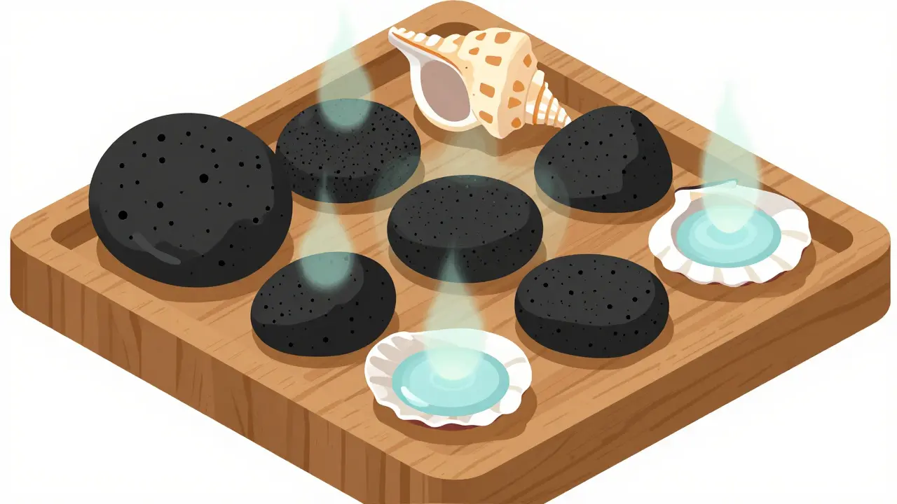 Камни и ракушки для горячего массажа на деревянном подносе.