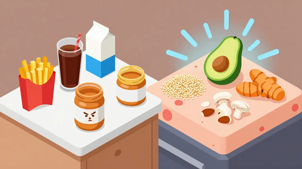 Кухонная стойка: одна сторона с вредной едой, вызывающей прыщи, другая — с полезной едой, которая успокаивает кожу.