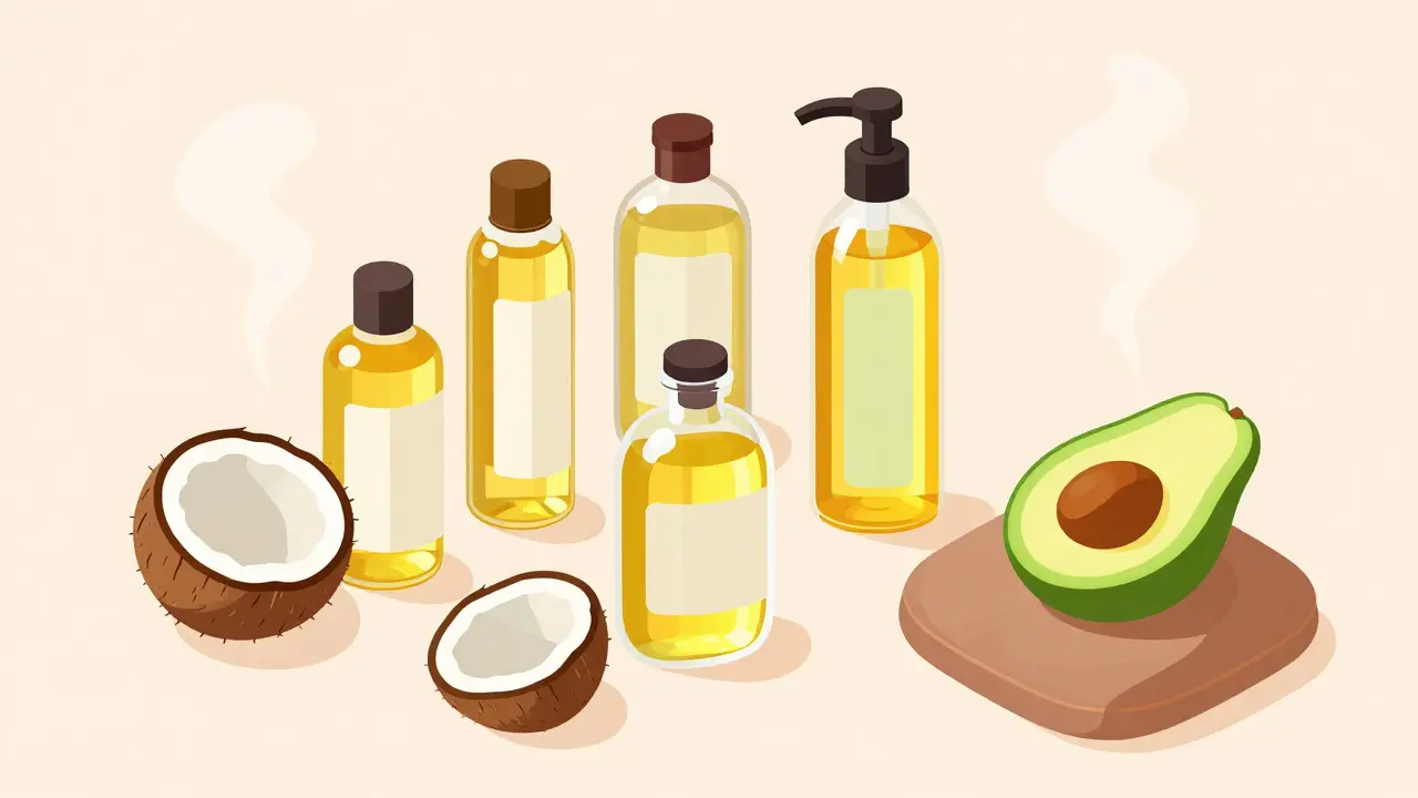 Масла авокадо и кокоса рядом с подушкой для медитации в изометрии.