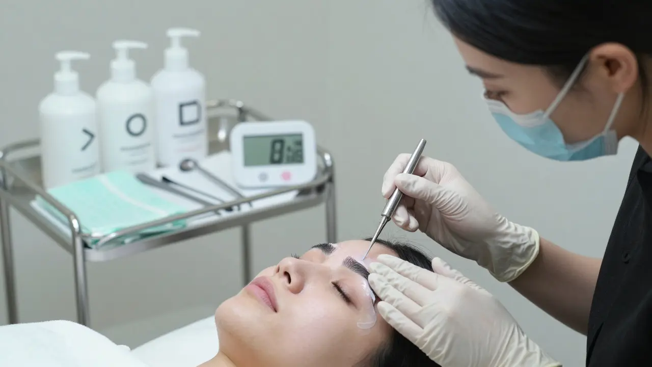 Мастер наносит состав для ламинирования бровей в салоне