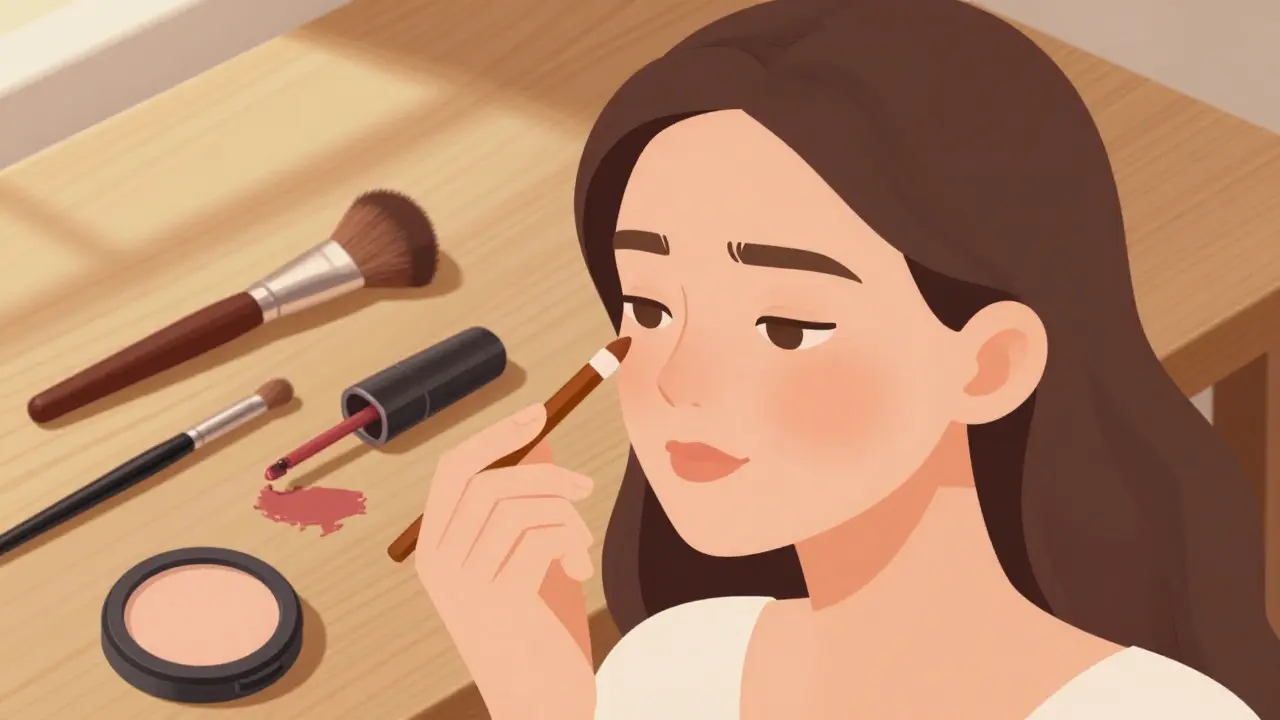 Натуральный макияж: румяна, брови и помада, нанесённые лёгкими движениями.