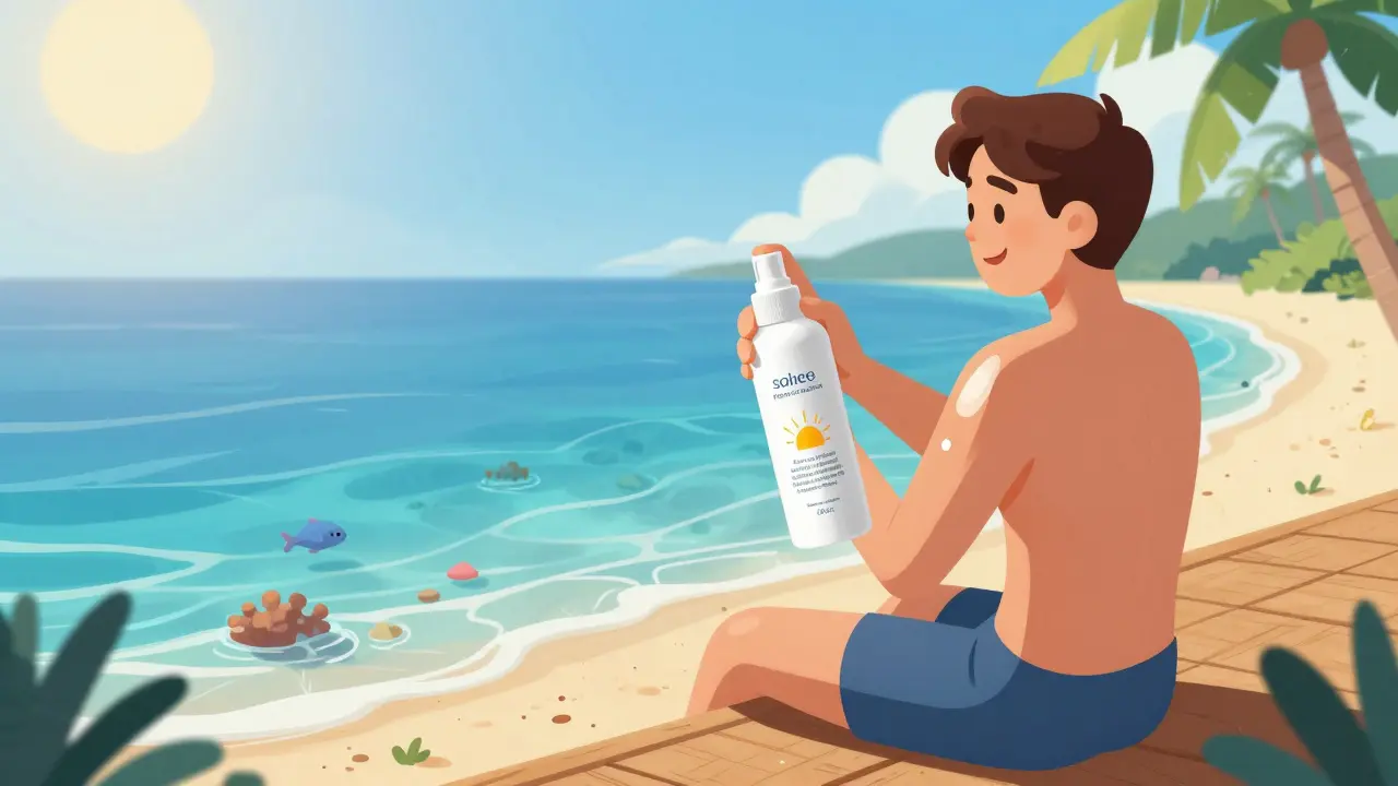 Применение крема для загара на пляже у моря