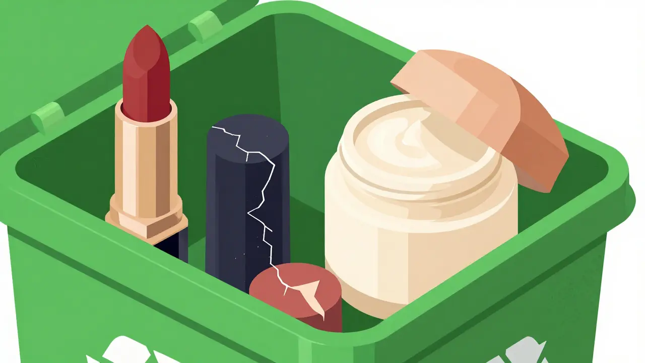Просроченная косметика и мусорное ведро для утилизации
