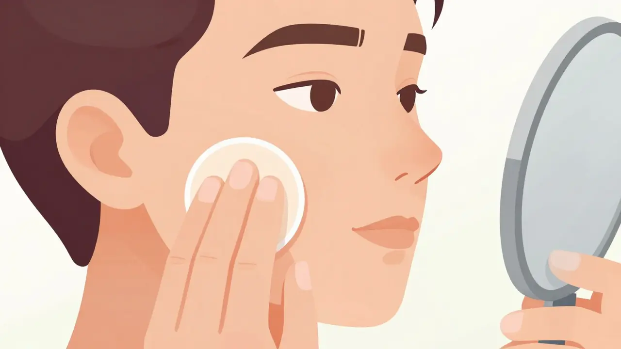 Растушёвка тональной основы губкой, переход от щеки к шее без резких границ.