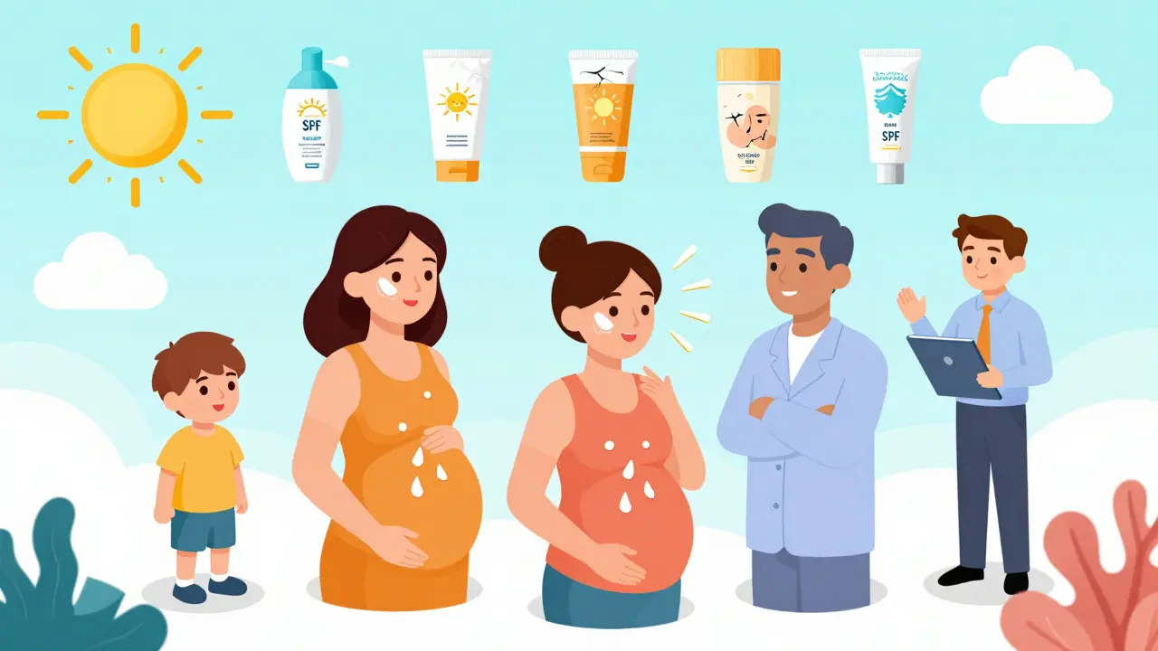 Разные люди защищены минеральным SPF под солнцем, лучи отскакивают от кожи, а химические кремы исчезают, рядом — символы здоровья и кораллов.