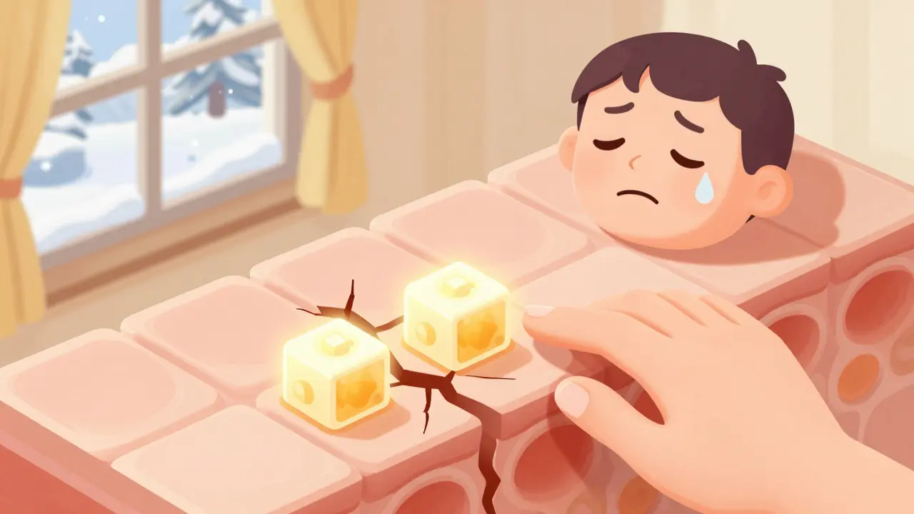 Рука вводит три компонента в повреждённую кожу, восстанавливая барьер, за окном — зимний Екатеринбург.