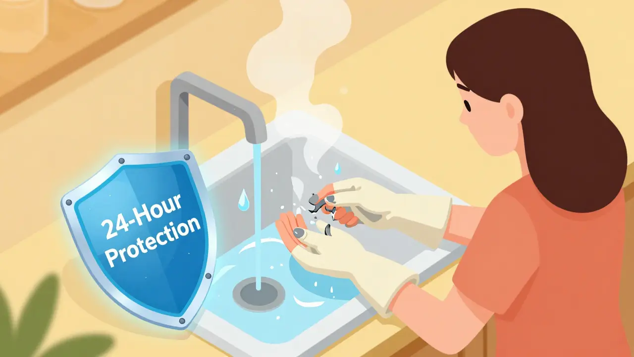 Руки в моющей воде без перчаток, ногти темнеют и слоятся под воздействием химии.