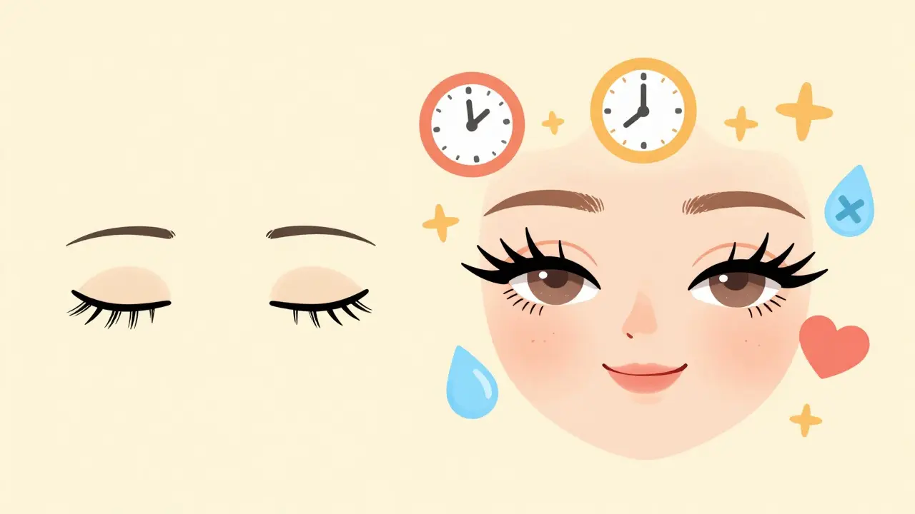 Сравнение до и после ламинирования ресниц с символами длительности и ухода.