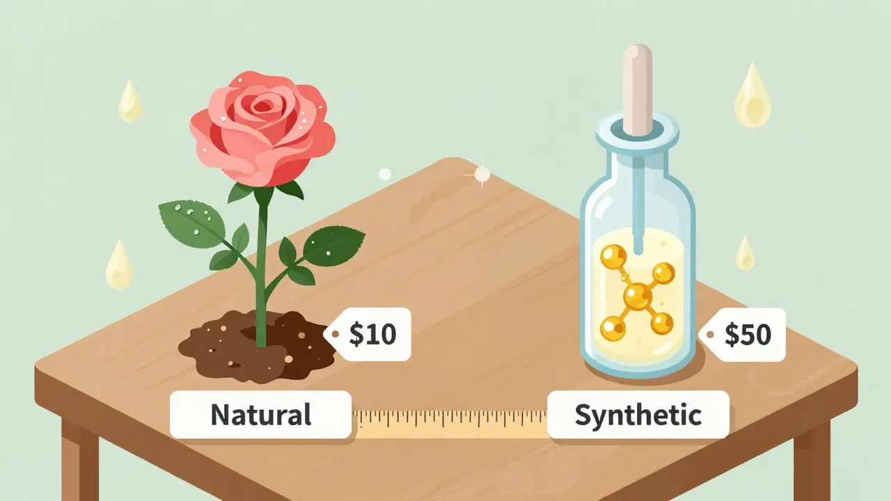 Сравнение натуральной розы и синтетической молекулы с ценами и одинаковой силой аромата в изометрическом стиле.