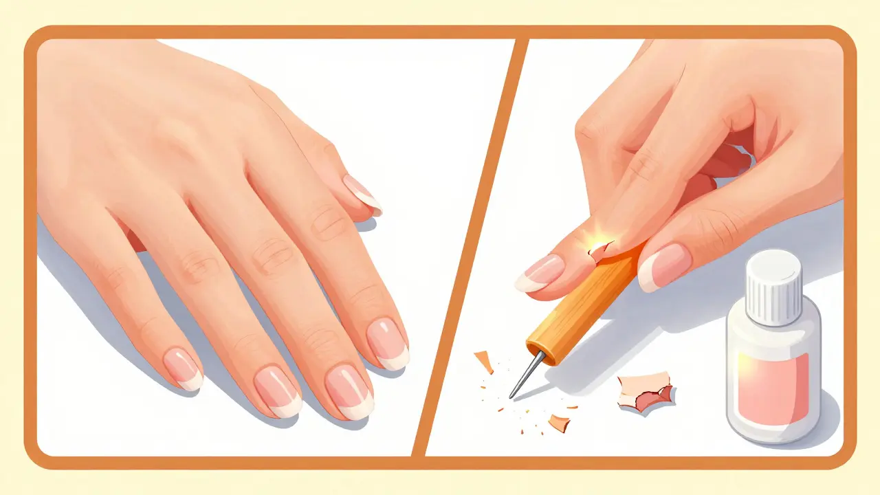 Сравнение правильного и неправильного домашнего маникюра с ключевыми ошибками и решениями.