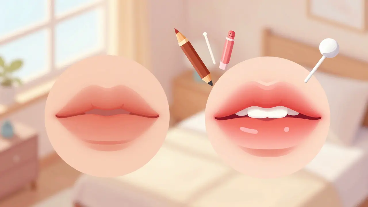 Сравнение тонких и визуально увеличенных губ с легким омбре и едва заметным хайлайтером.