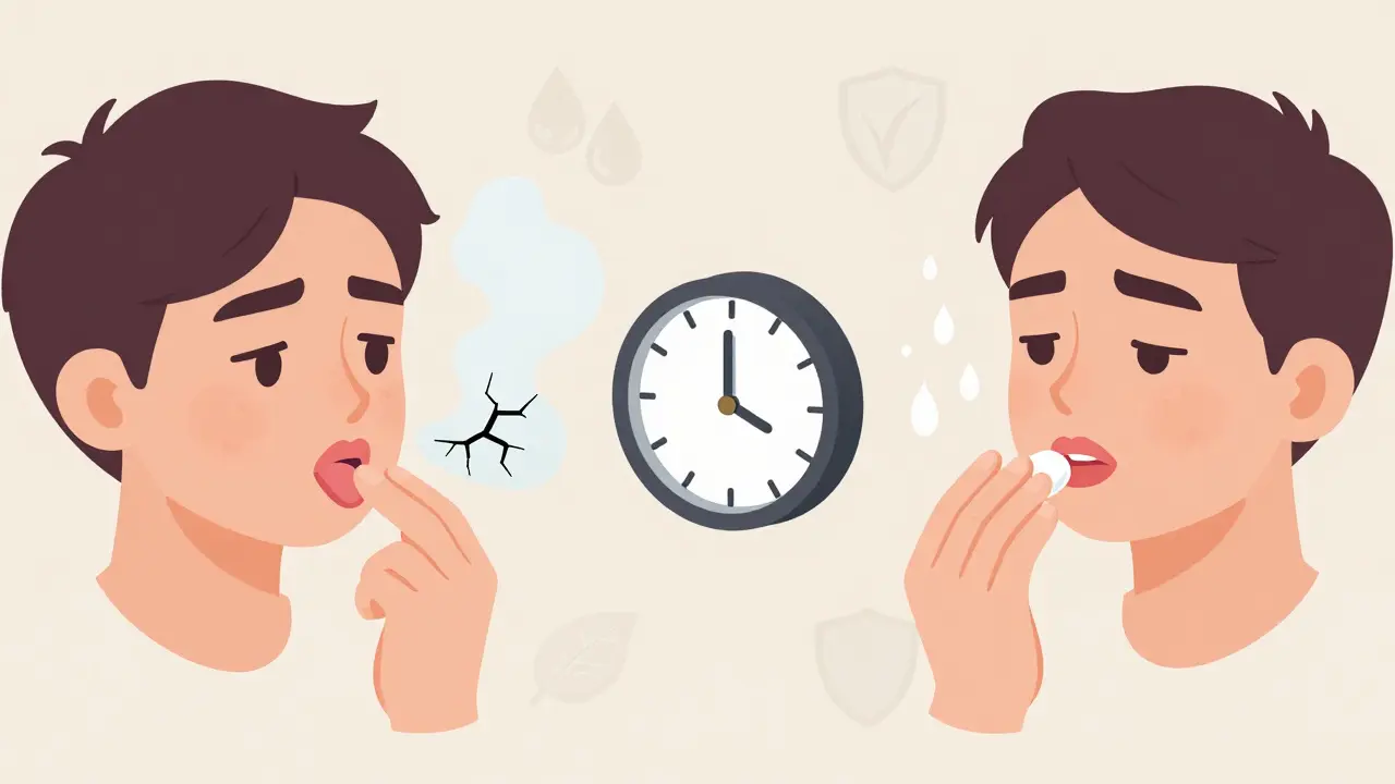 Сравнение вреда от облизывания губ и пользы от увлажняющего бальзама в изометрической иллюстрации