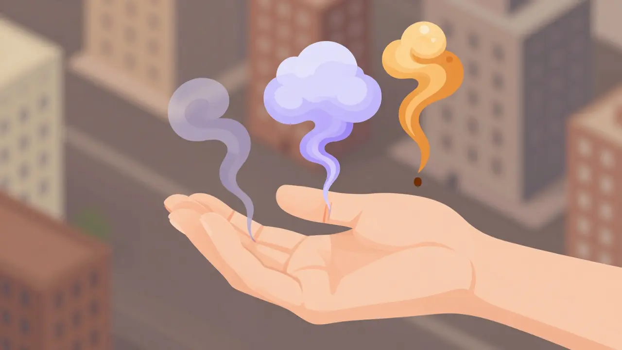 Три парфюмерных следа на запястье, показывающие разную долговечность ароматов в изометрической перспективе.