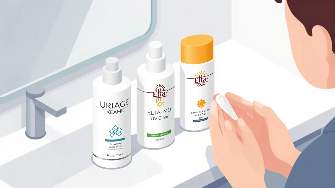 Три современных солнцезащитных крема с минеральными фильтрами на фоне мягко наносимого средства без белого следа.