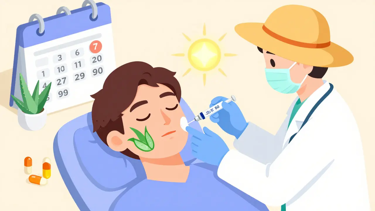 Восстановление после осложнений: врач вводит фермент, вокруг — алоэ, витамины, солнцезащитная шляпа и календарь.
