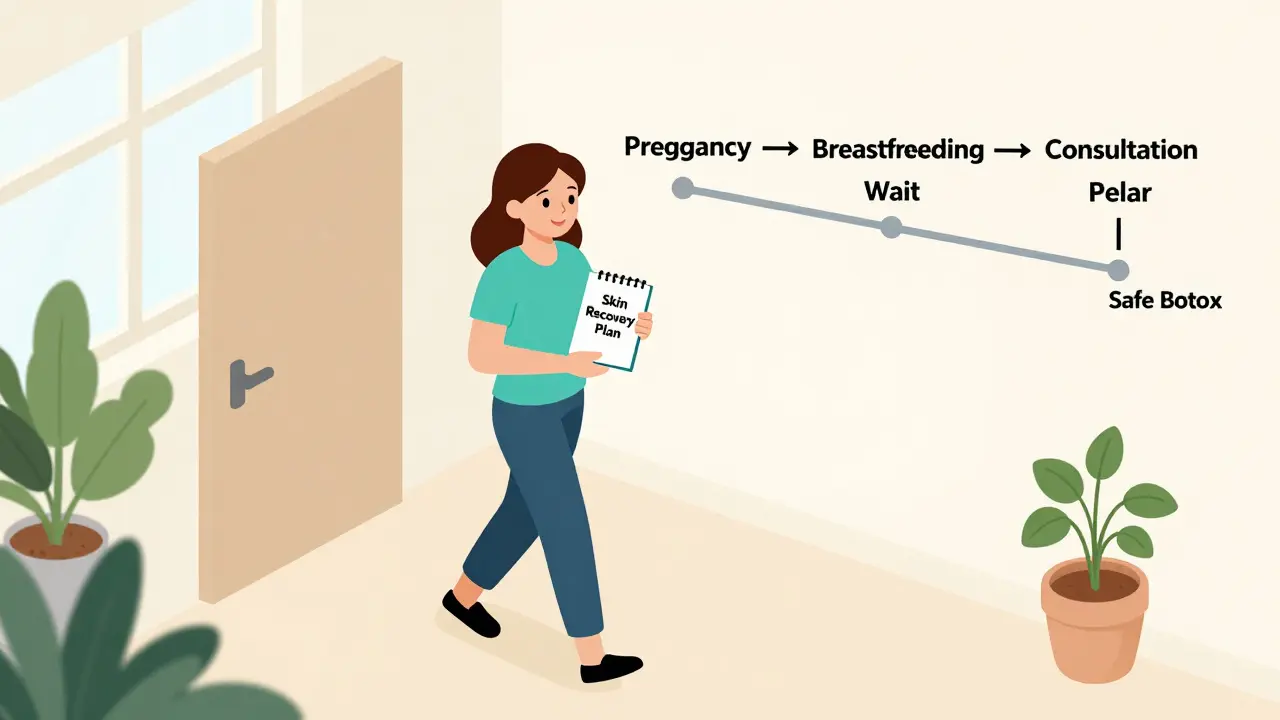 Женщина идет на консультацию к дерматологу спустя 6 месяцев после лактации, в руке — план восстановления кожи.