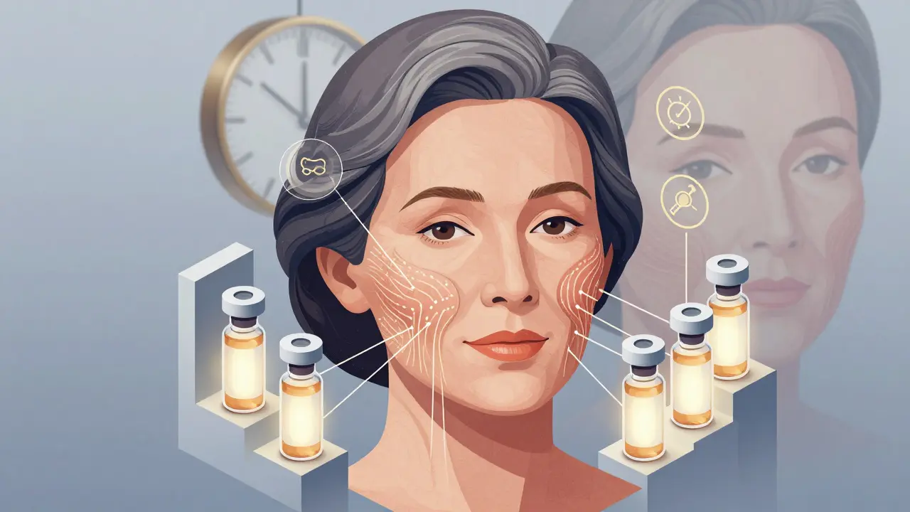 Женщина после 50 с подтягивающими нитями и восстановлением объема лица.