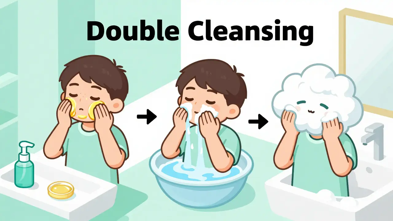 Этапы двухэтапного очищения кожи маслом и пенкой