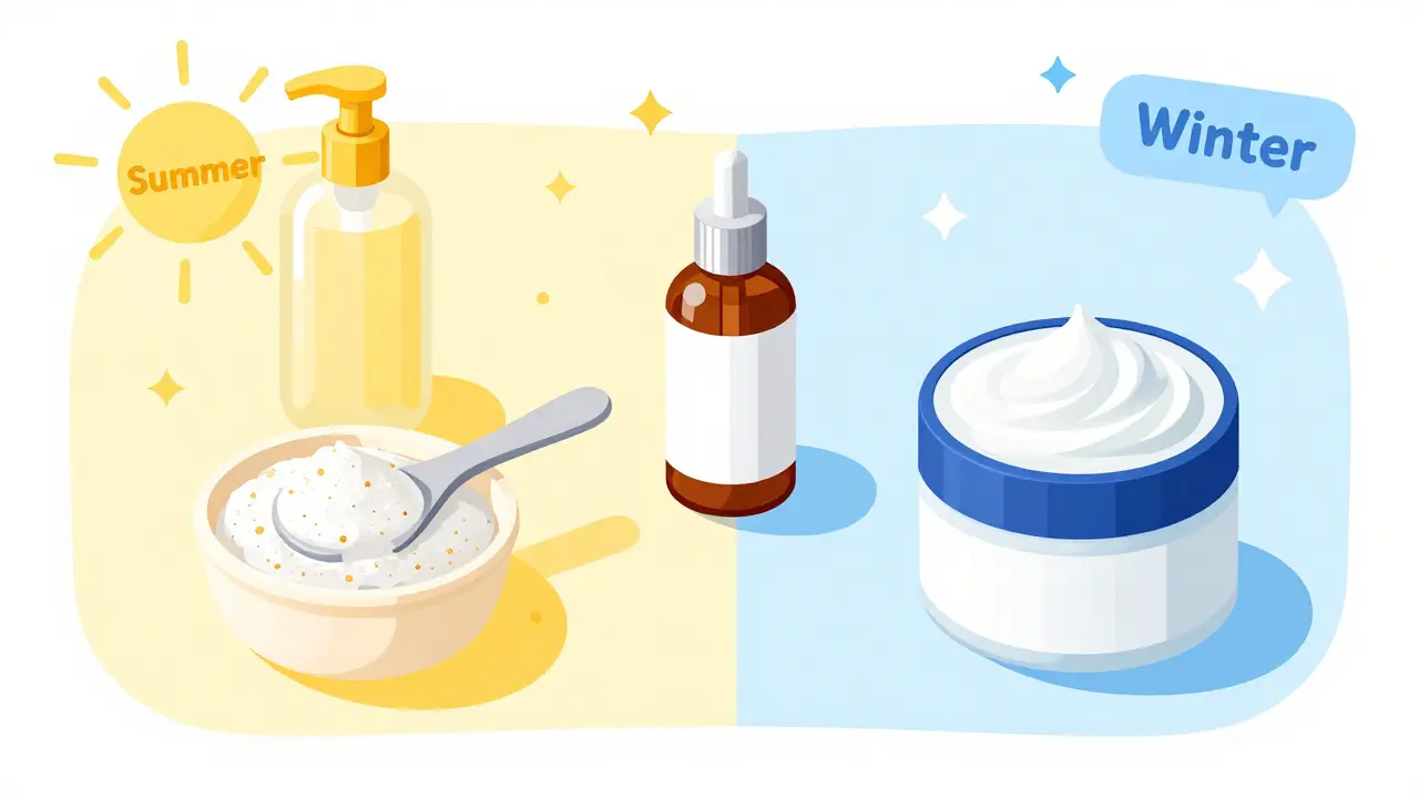 Изометрическая иллюстрация набора средств для ухода за кожей по сезонам