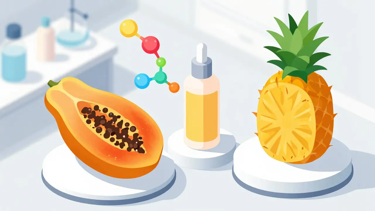 Изометрическая иллюстрация папайи и ананаса как источников косметических ферментов