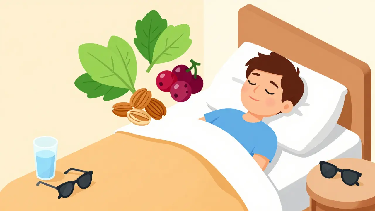 Изометрическая иллюстрация здорового сна, правильного питания и защиты кожи от солнца