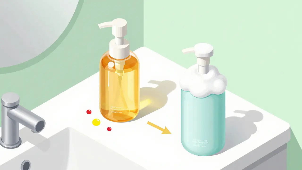 Изометрическая схема двухэтапного очищения: гидрофильное масло и пенка