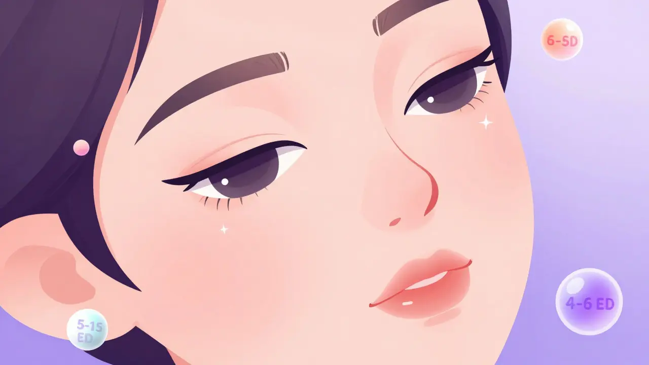 Изометрическая схема лица с точками введения препарата в области глаз и губ и указанием доз