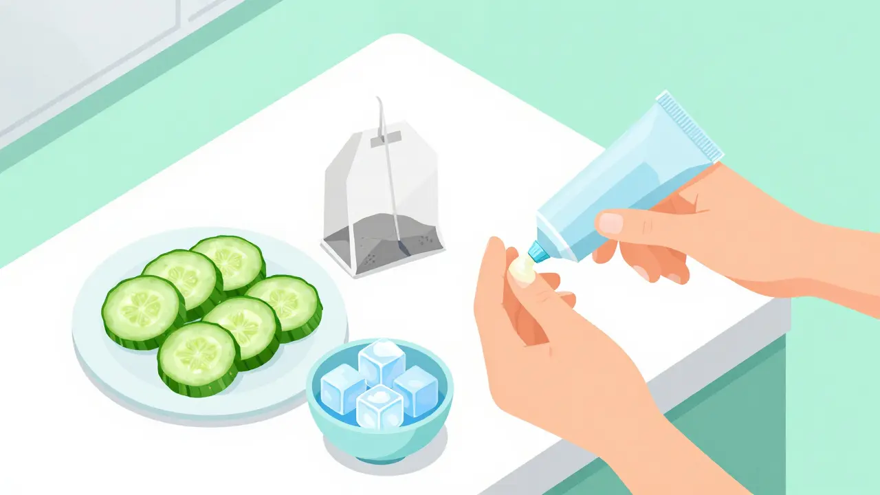 Изометрическое изображение домашних средств: огурцы, чайные пакетики и крем для зоны вокруг глаз